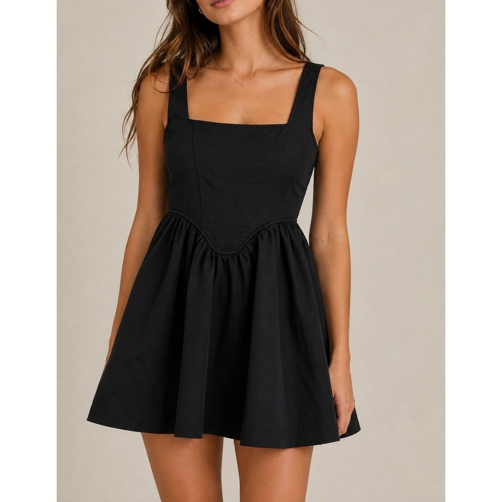 NEW Rare London Black Corset Fit Flare Satin Mini Dress Square Neck Sleeveless 6